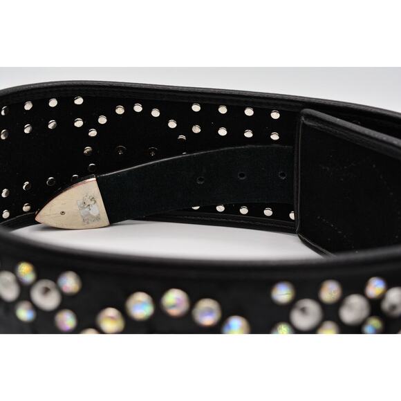 Genuine Leather Large Belt Rhinestone Crystal Aurora Borealis Black Thick